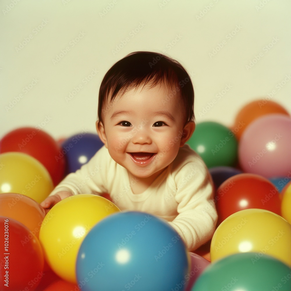 Happy baby playing with colorful balls Happy baby playing with colorful balls