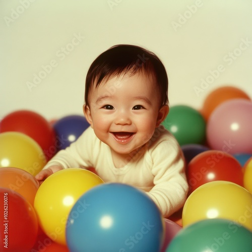 Happy baby playing with colorful balls
