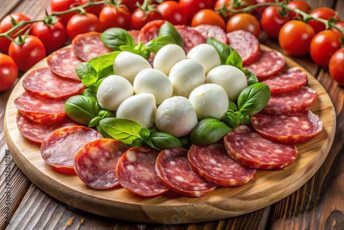 Fresh mozzarella balls and salami slices are beautifully arranged on wooden platter, surrounded by vibrant cherry tomatoes and fresh basil leaves, creating inviting and delicious display