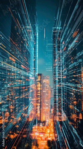 Dynamic cityscape at night with light trails.