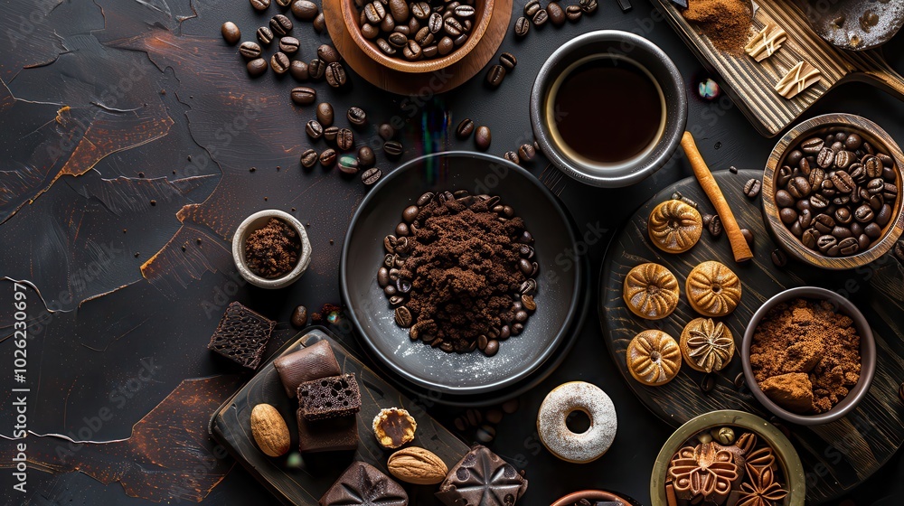 A table with a variety of food items including donuts, cookies, and coffee A table with a variety of food items including donuts, cookies, and coffee
