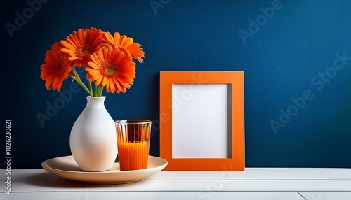 minimalist home decor with vibrant orange flowers in a white vase orange glass and blank paper cad in plate set against a deep blue wall