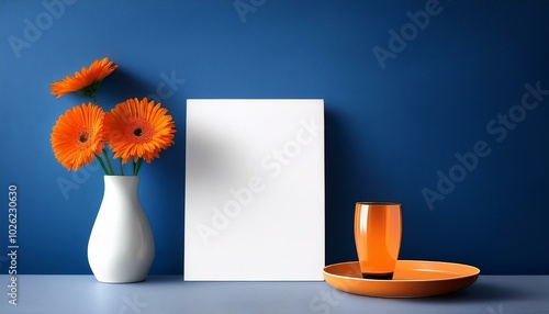 minimalist home decor with vibrant orange flowers in a white vase orange glass and blank paper cad in plate set against a deep blue wall