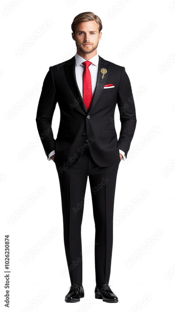 Professional Male Executive in Formal Attire with Red Accents Standing against a Black Background. Professional Male Executive in Formal Attire with Red Accents Standing against a Black Background.