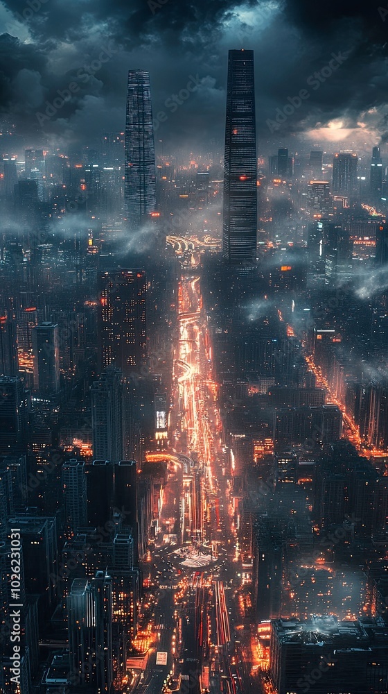 Obraz premium Dramatic nighttime cityscape with skyscrapers