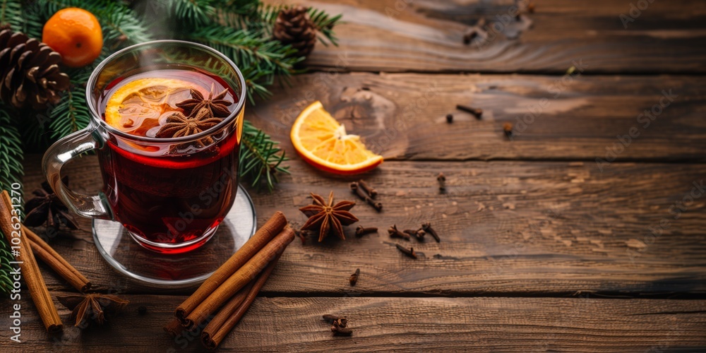 Glass mug with mulled wine with orange and spices on a wooden table top view. Christmas New Year banner with space for text. Glass mug with mulled wine with orange and spices on a wooden table top view. Christmas New Year banner with space for text.