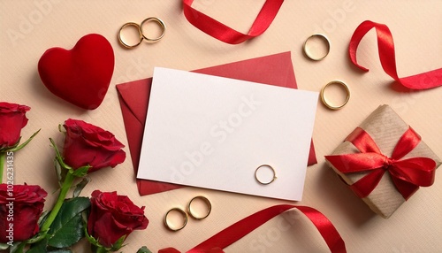 romantic flat lay composition with envelope with blank paper card wedding rings red roses red ribbon gift box and envelopes on pastel beige background