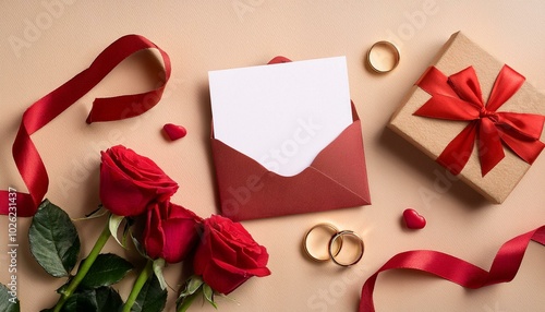 romantic flat lay composition with envelope with blank paper card wedding rings red roses red ribbon gift box and envelopes on pastel beige background