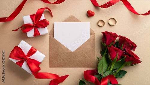 romantic flat lay composition with envelope with blank paper card wedding rings red roses red ribbon gift box and envelopes on pastel beige background