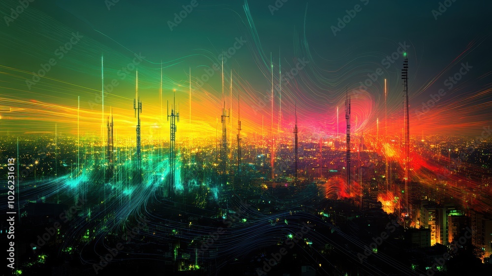 Fototapeta premium Signal distribution from telecommunication cell towers, with radiating waves, connected devices, and coverage areas