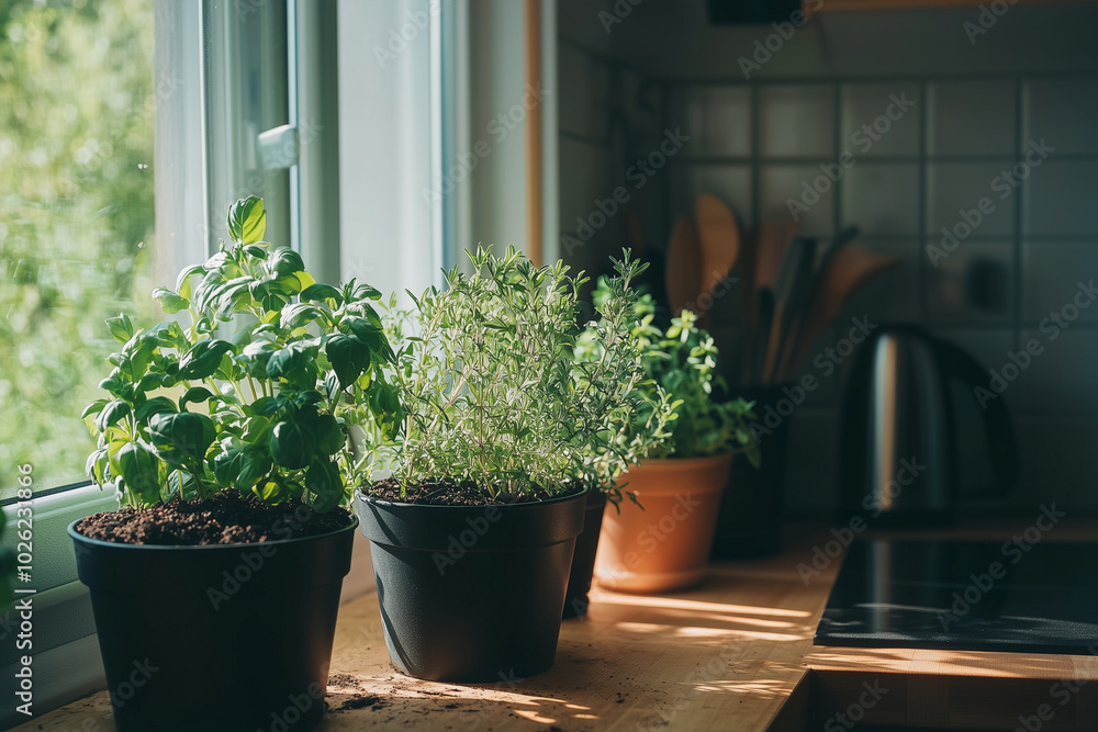 An apartment windowsill herb garden. The dark soil contrasts with the bright green leaves, and the view of the relaxing cityscape An apartment windowsill herb garden. The dark soil contrasts with the bright green leaves, and the view of the relaxing cityscape