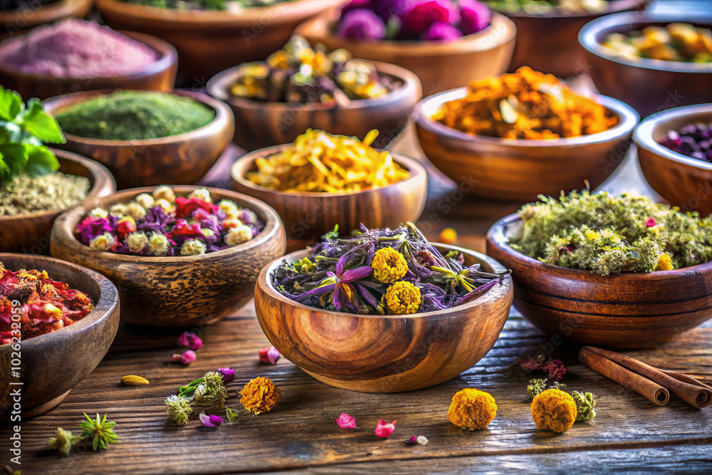 Vibrant arrangement of herbal treasures in rustic wooden bowls showcases variety of colorful spices and herbs, creating warm and inviting atmosphere Vibrant arrangement of herbal treasures in rustic wooden bowls showcases variety of colorful spices and herbs, creating warm and inviting atmosphere