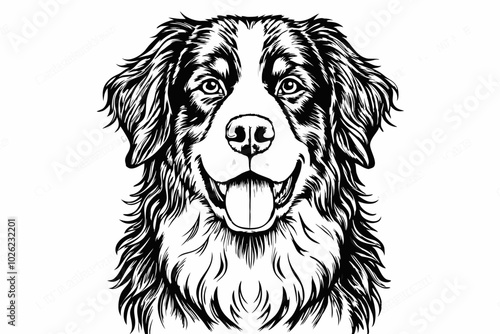 Smiling Australian Shepherd Dog Illustration in Black and White