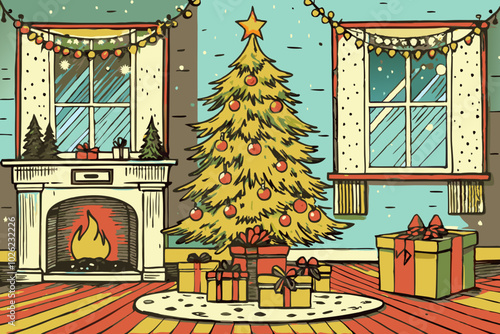 Cozy Christmas Scene with Decorated Tree, Fireplace, and Gifts Illustration