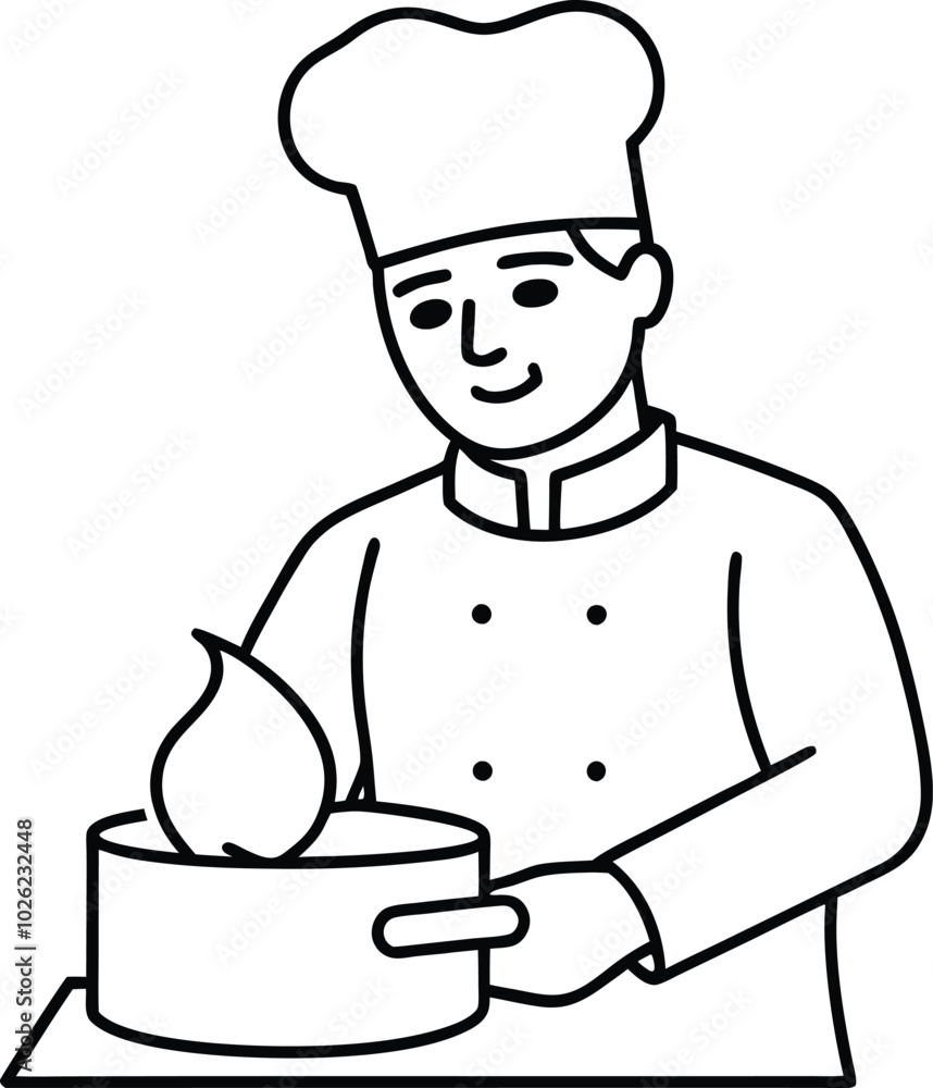 Continuous one line drawing male cheif cooking food vector illustration. Young man wearing apron standing on domestic kitchen table full with pan and stove. Cooking outline design. Continuous one line drawing male cheif cooking food vector illustration. Young man wearing apron standing on domestic kitchen table full with pan and stove. Cooking outline design.