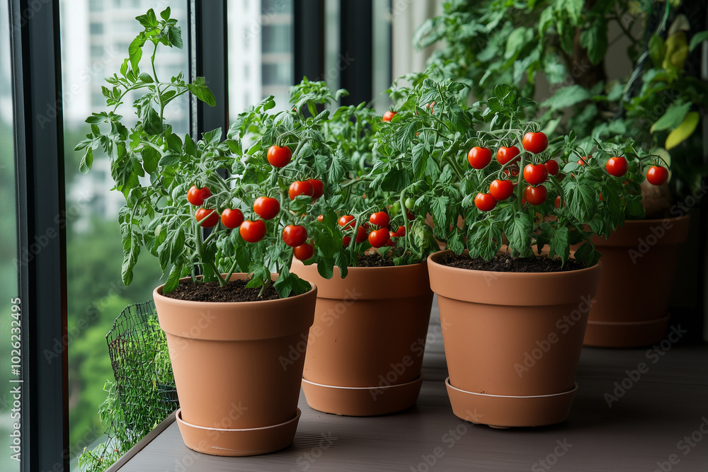 An apartment windowsill herb garden. The dark soil contrasts with the bright green leaves, and the view of the relaxing cityscape An apartment windowsill herb garden. The dark soil contrasts with the bright green leaves, and the view of the relaxing cityscape