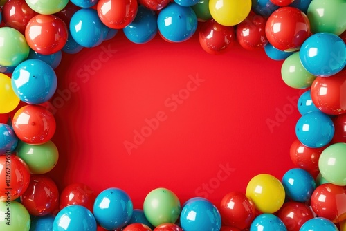 A vibrant arrangement of colorful balls framing a blank red background, ideal for festive designs or playful themes.