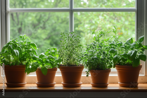 An apartment windowsill herb garden. The dark soil contrasts with the bright green leaves, and the view of the relaxing cityscape