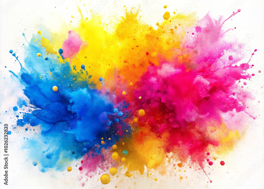 Bright and vibrant watercolor splashes in poppy pink, sunshine yellow, and deep blue create lively and energetic composition. colors blend beautifully, evoking sense of joy and creativity Bright and vibrant watercolor splashes in poppy pink, sunshine yellow, and deep blue create lively and energetic composition. colors blend beautifully, evoking sense of joy and creativity