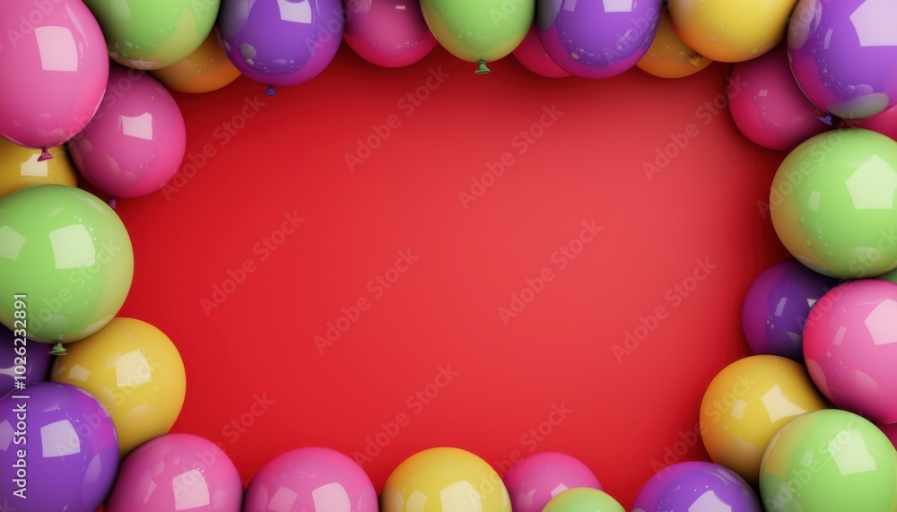 A vibrant arrangement of colorful balloons framing a red background, perfect for celebrations or festive events. A vibrant arrangement of colorful balloons framing a red background, perfect for celebrations or festive events.