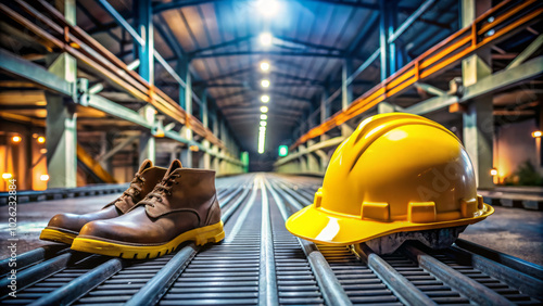 Safety boots and bright yellow hard hat are placed on industrial tracks, symbolizing workplace safety and construction. setting is well lit, emphasizing importance of protective gear in work