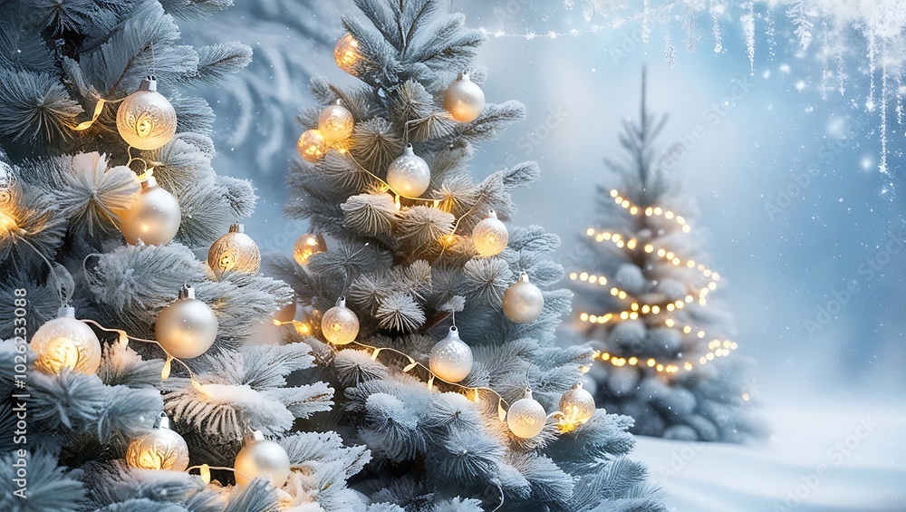 A Christmas card background with pine trees covered in snow, shimmering lights, and golden ornaments hanging on the branches. The scene feels magical and serene. Generated by ai A Christmas card background with pine trees covered in snow, shimmering lights, and golden ornaments hanging on the branches. The scene feels magical and serene. Generated by ai