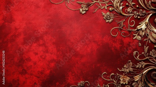 Red textured background with intricate gold floral designs in the corner creating an elegant and luxurious atmosphere