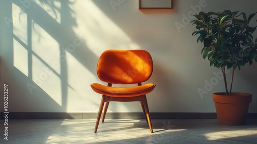 orange chair and a potted plant in an empty room