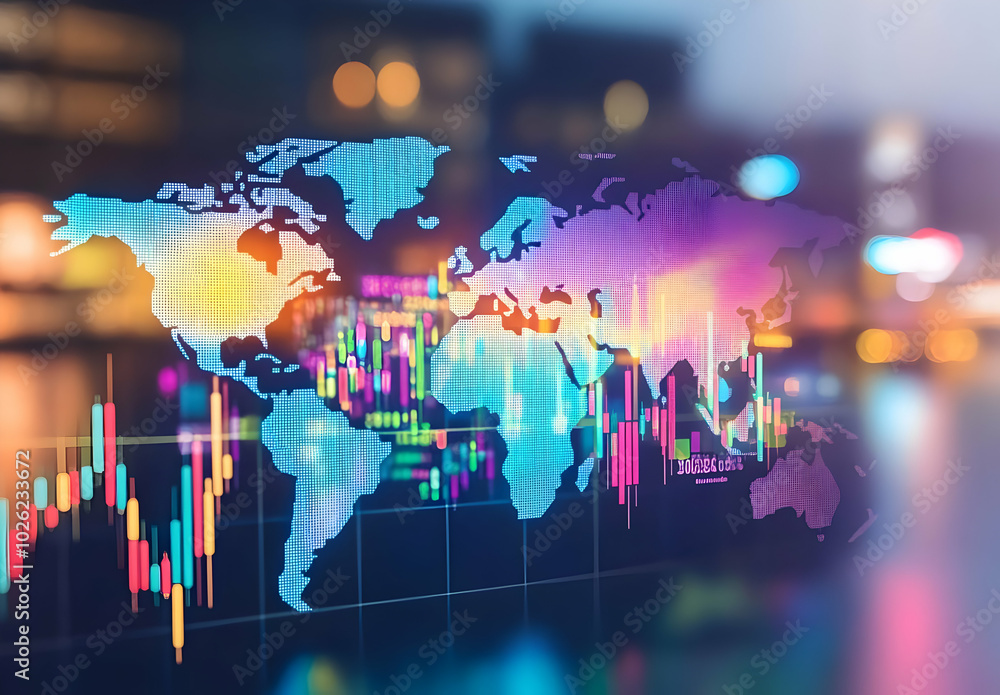 Fototapeta premium Colorful World Map with Financial Graphs and Charts