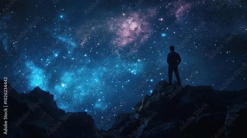 Fototapeta premium Adventurer gazing at star filled horizon