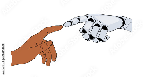 Artificial intelligence robot and human hands touching each other. Modern technology and computer science concept. Vector outline sketch colored drawing isolated on transparent background