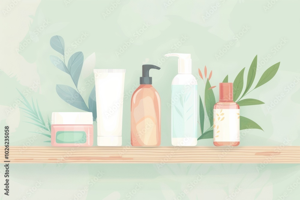 Minimalist skincare shelf with botanical elements Minimalist skincare shelf with botanical elements