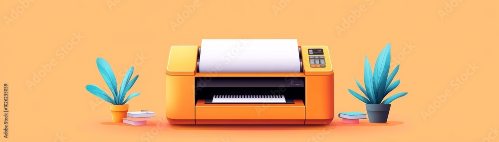 Colorful printer with paper and plants on an orange background. Colorful printer with paper and plants on an orange background.