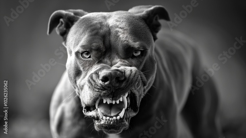 Angry dog on a dark background. An aggressive Pit bull barks and tries to bite. Black and white photo.
