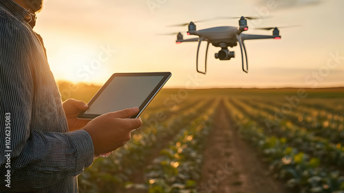 Wallpaper Mural Farmer Using iPad to Control Drone Over Fields Torontodigital.ca