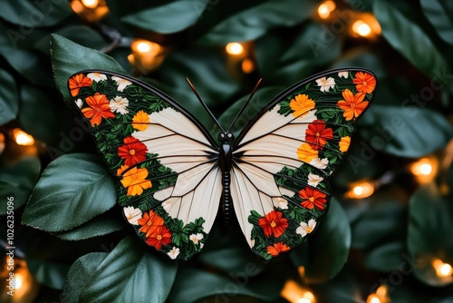 Butterflies with colorful floral wings, sparkling New Year 2025 lights, 3D illustration, selective focus on foreground, copy space for text, ultra HD,
