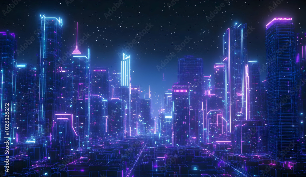 Futuristic Neon Cityscape in Glowing Lines Futuristic Neon Cityscape in Glowing Lines