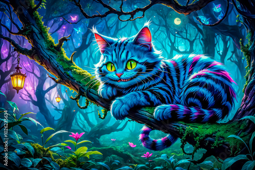 Cheshire Mysterious cat in the forest. Fantasy illustration
