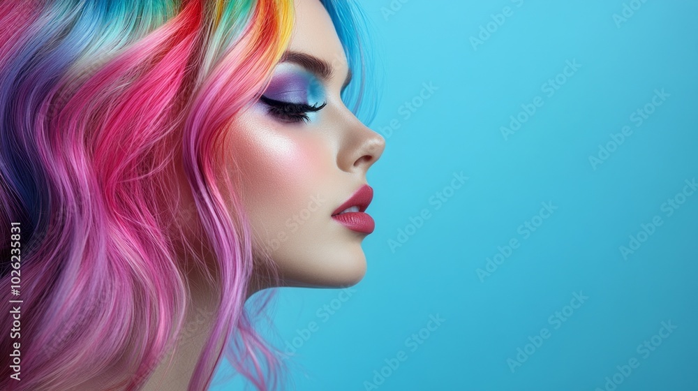 A woman with rainbow colored hair and makeup A woman with rainbow colored hair and makeup