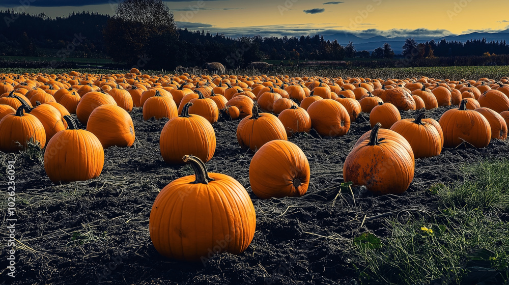 Field filled with numerous bright orange pumpkins in a rural setting during the autumn season with mountains in the background at sunset.