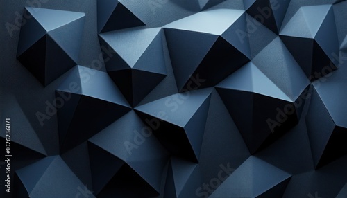 Abstract dark blue geometric background with 3D triangular shapes.