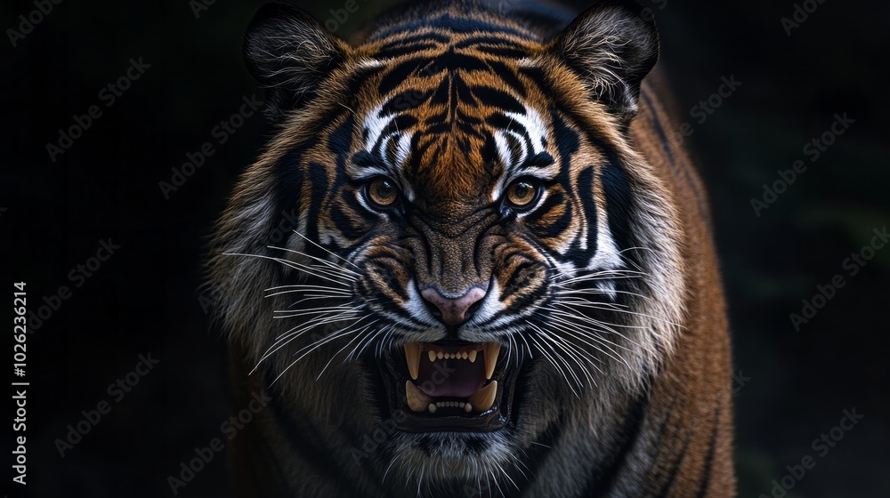 A tiger with its mouth open and teeth bared A tiger with its mouth open and teeth bared