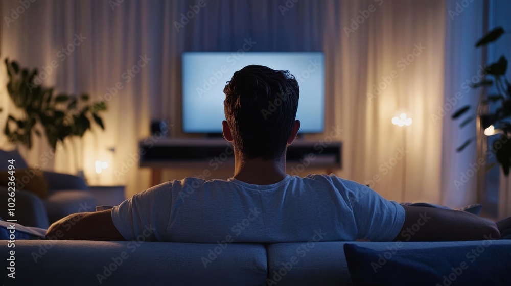Man using closed captioning on TV, cozy living room, soft lighting, clean layout Man using closed captioning on TV, cozy living room, soft lighting, clean layout