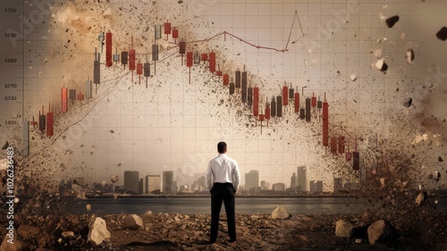 Graph showing stocks nosediving, with a shadowy hand pushing it downward. A businessman stands amidst a dynamic financial chart. photo