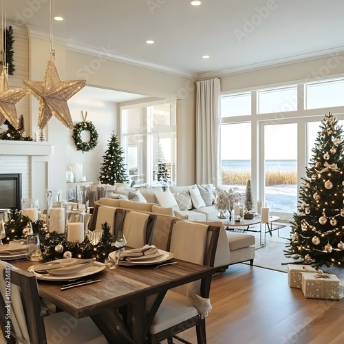 A cozy, coastal-style living room filled with Christmas decorations, bringing a serene holiday vibe to the beachy decor.