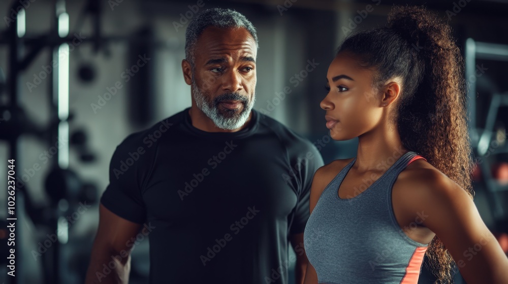 Obraz premium Fitness trainer guiding client, gym background, clean design, copy space