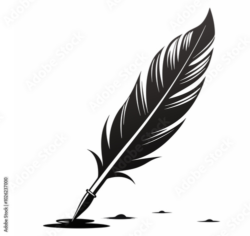 Vector illustration of stationery writing Feather and Ink pen signature, silhouette bird feather Ink quill pen writing curves, and icon.