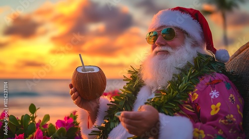 At sunset by the beach, Santa Claus, in sunglasses and a lei, enjoys a refreshing coconut drink, merging holiday spirit with tropical vibes.