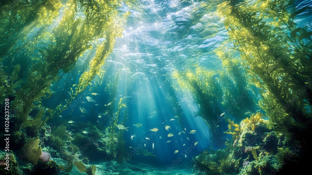 Fototapeta premium Beneath the surface, sunlight filters through the water, casting soft light on the lush kelp forest as the seaweed sways gently in the underwater breeze.