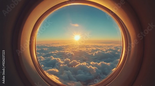 An airplane window view showcasing a clear blue sky and fluffy white clouds, illuminated by golden hour sunlight, offering an atmospheric travel perspective from inside the cabin.